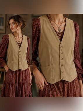 Vintage Handmade Tan Corduroy Button Front Vest Cottagecore Prairie Boho L
